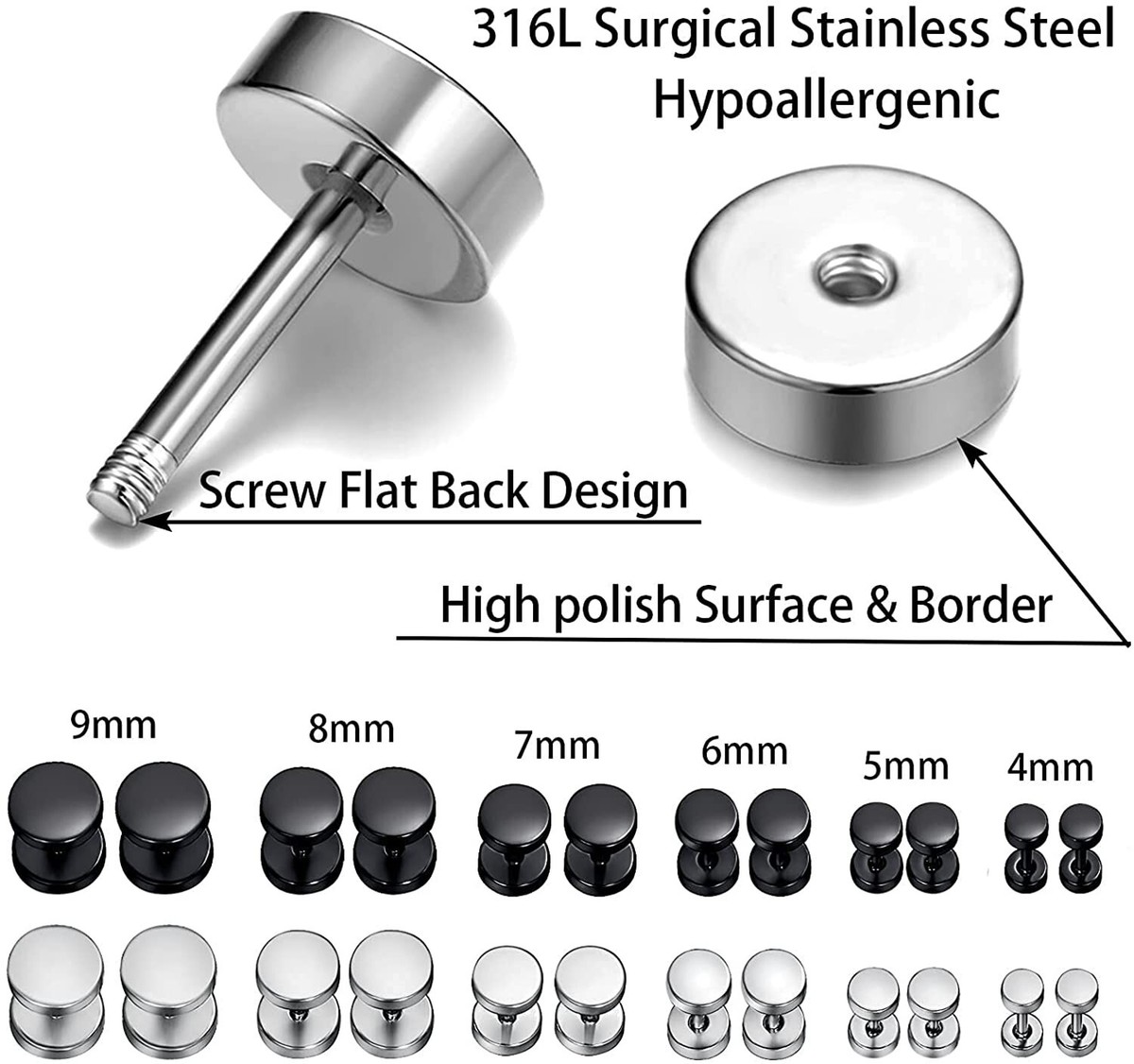 Round Barbell Stainless Steel Screw Back Men's Earring Ear