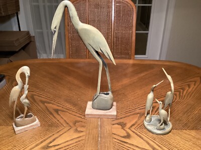 3 Vtg Crane/Heron Figurines Hand Carved Horn 2 with Wood Base 6.5''-11.75''   E5