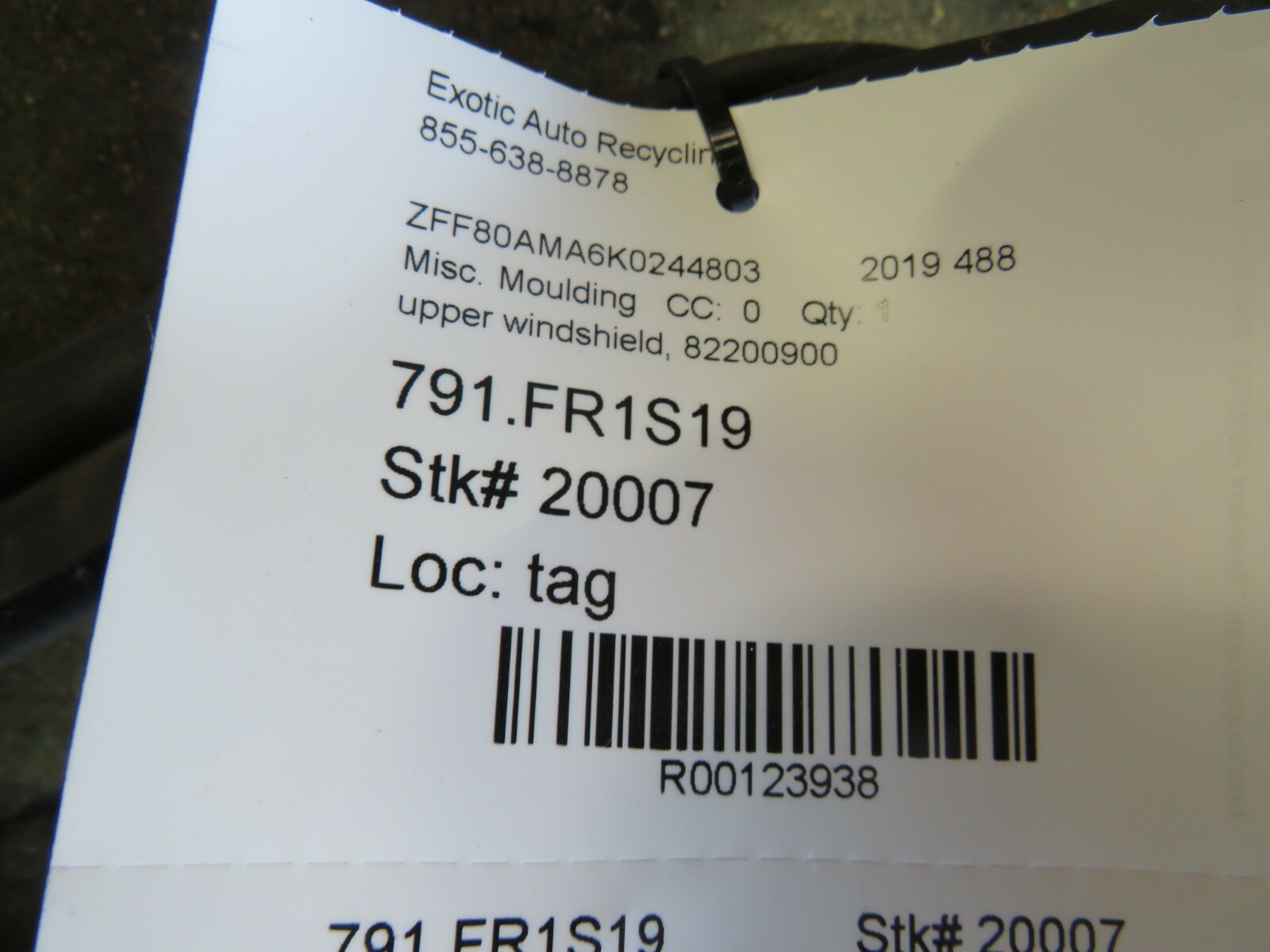 Ferrari 488, 458 Spider, Upper Windshield Moulding, Used, P/N 82200900