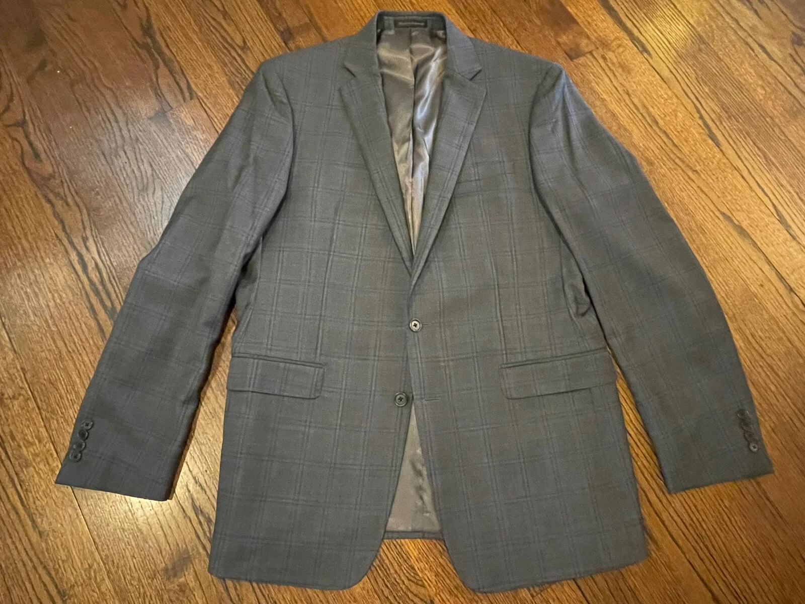 Calvin Klein Slim Mens Blazer Sportcoat 100% Wool Grey Plaid Corozo Buttons 44L