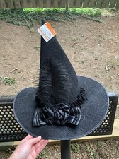 Celebrate It Halloween Witch Hat Black Shimmer W/ Feather Sequin Roses In Bow