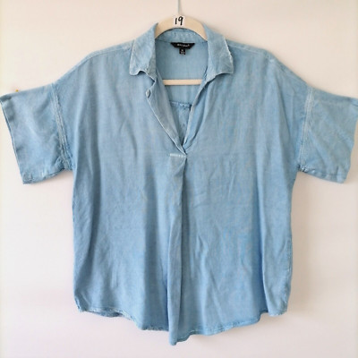 Sim & Sam Womens Blue Shot Sleeve V Neck Collared Top XL Button Back