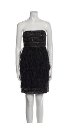 SUE WONG Black Strapless Beaded Sequin Feather Dress NWT $528
