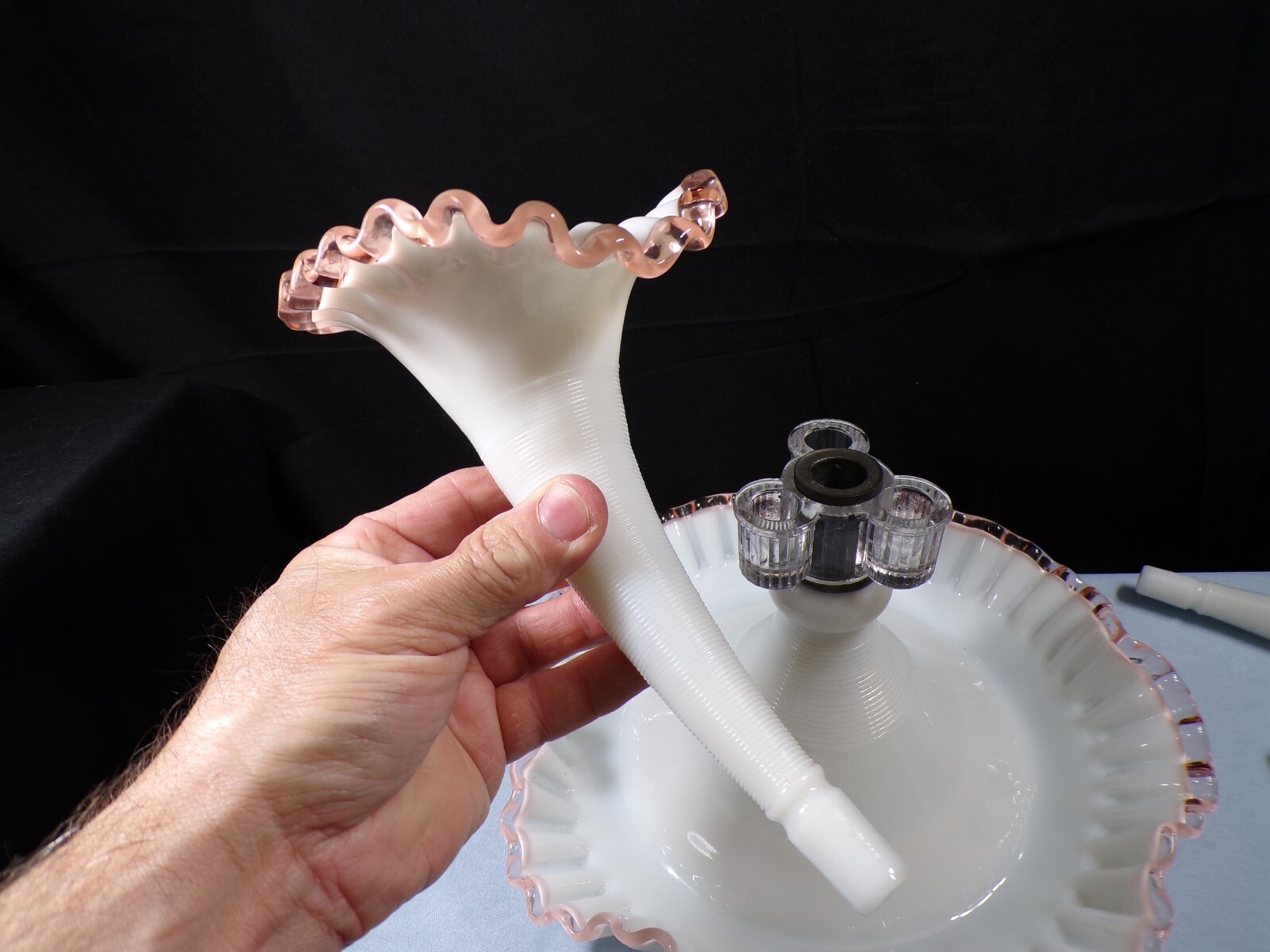 Fenton For L.G. Wright Milk Glass Pink Rose Crest Four 4 Horn Epergne