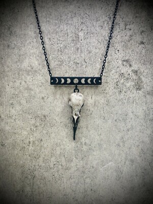 Moon Phase Bar Raven Skull Necklace - Horizontal Bar Moon Charm Lunar Phase Bar