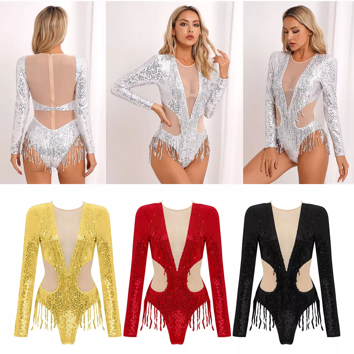 Women's Bodysuit Sequin Long Sleeve Nude Mesh Patchwork Leotard