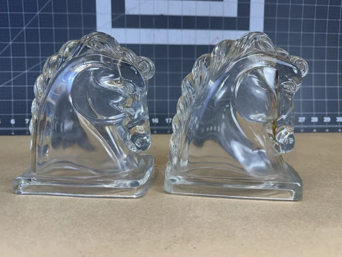 Pair Of Vintage Federal Glass Horse Head Bookends, Clear, Hollow.