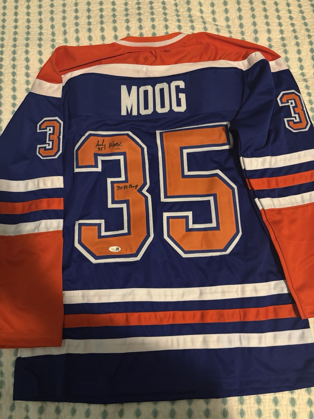 ANDY MOOG Edmonton Oilers Autographed Inscrib 3X  SC CUP Style Jersey XL coa-JSA