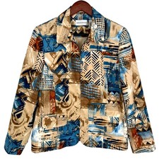 Alfred Dunner Sz 8 Womens Blazer Jacket Blue Beige Blouse Shirt Top Artsy