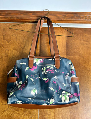 Chaps Women s Floral Satchel Top Handle Bag Navy/Brown Zip Gold Inner Pockets