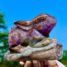 1.63LB Natural Amethyst with Banded Agate Hand-carved Rabbit Crystal Healing
