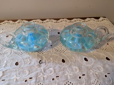 Vintage Joe St. Clair Art Glass Candle Holders Blue Flower Set Of 2 Paperweight