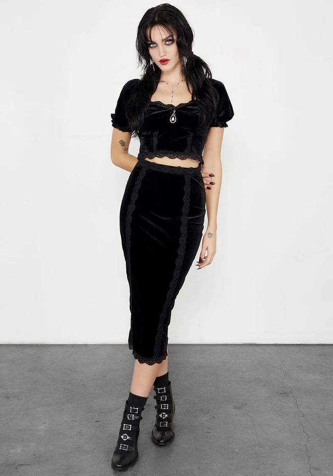 Disturbia Black Velvet Majesty Midi Skirt Uk Sz 12 14 20 One Each New - Image 2 of 4