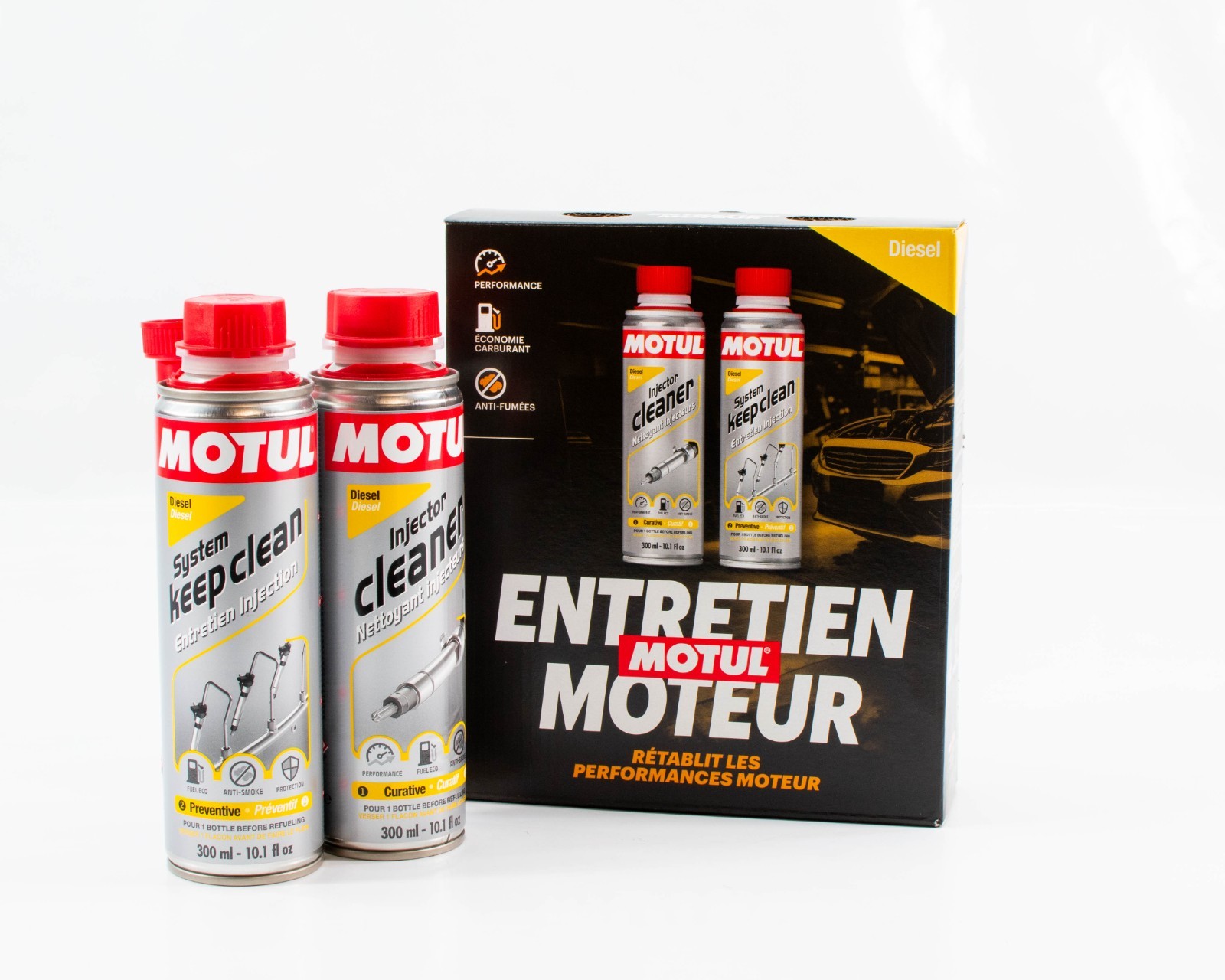 Nettoyant injecteurs diesel et kit entretien moteur MOTUL contre la pollution au contrôle technique