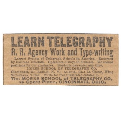 Learn Telegraphy Morse School of Telegraphy Cincinnati 1906 Original Ad AB6-S11