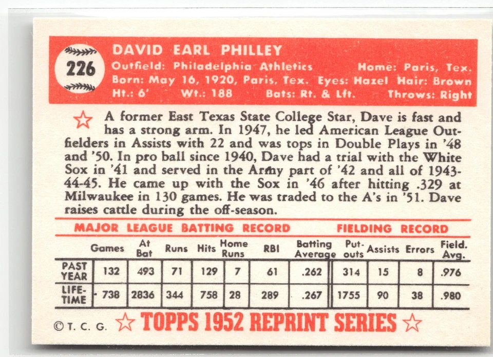 1983 Topps 1952 Reprint Series Dave Philley #226 Philadelphia Athletics - Image 2 of 2