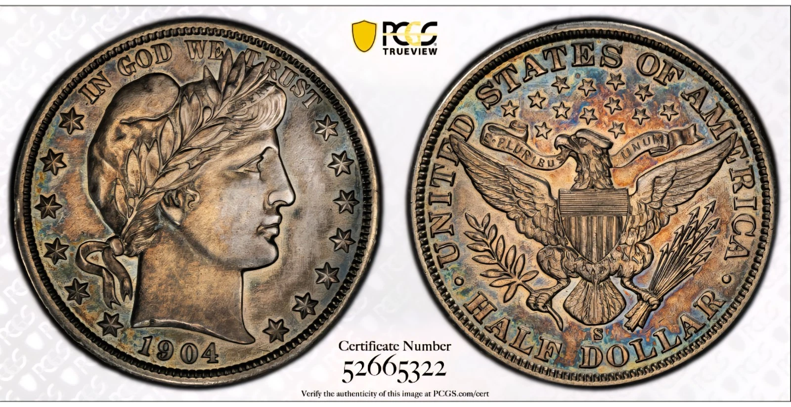 1904 S Barber Half Dollar 50c PCGS AU Detail | Gorgeous Color | Looks UNC Det