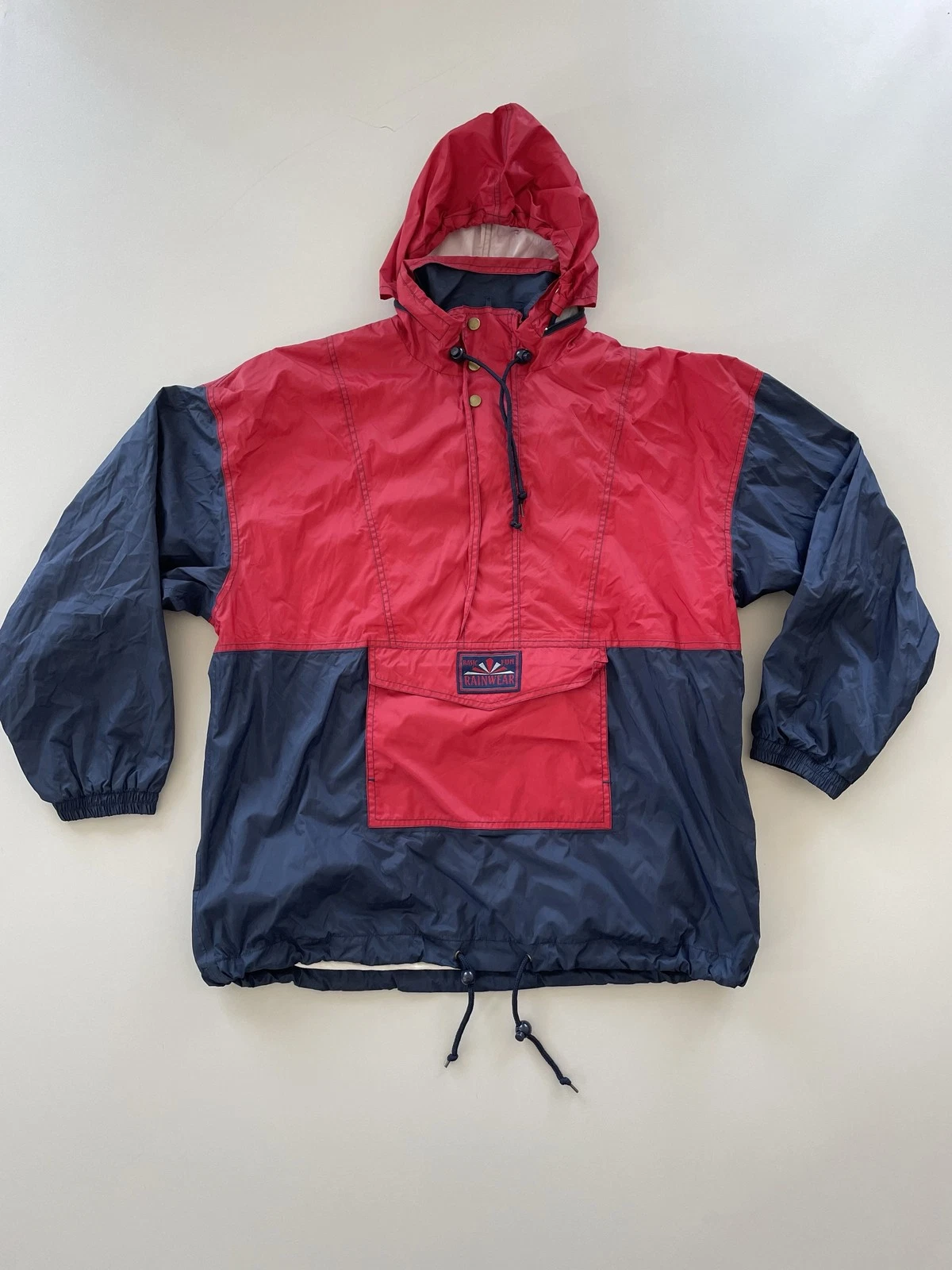 Vintage Rainwear Anorak Jacket M Red Navy Color Block Hooded Pullover