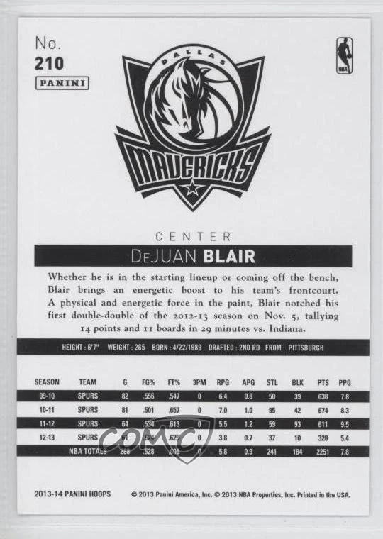 2013-14 NBA Hoops Blue DeJuan Blair #210 - Image 2 of 2