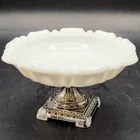 Milk Glass Metal Footed 3"X5" Trinket Dish Vintage