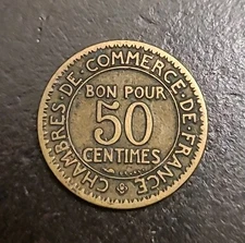 1924 France 50 Centimes Coin, Aluminum Bronze, 18 mm, Mercury Caduceus design
