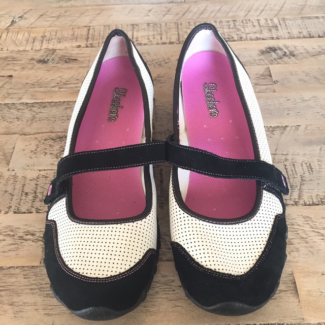 SKECHERS Women's Black White Leather Mary Jane Ballerina Bikers 21320 Size 9.5 | eBay