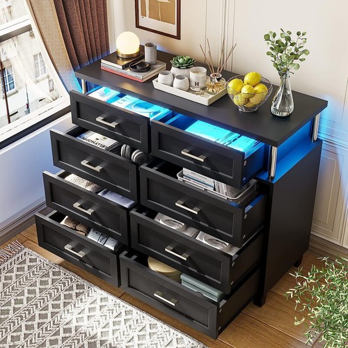 Dresser for Bedroom with LED Light Modern Chest of Drawers Wood Black Dresser - Picture 14 of 16