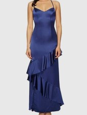  525 Adrianna Papell Women's Blue Ruffled Satin Strap Back Gown Dress Size 8