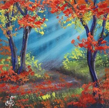 Colorful Autumn Forest Landscape Oil Painting Woodland Wall Art Home Decor 6x6