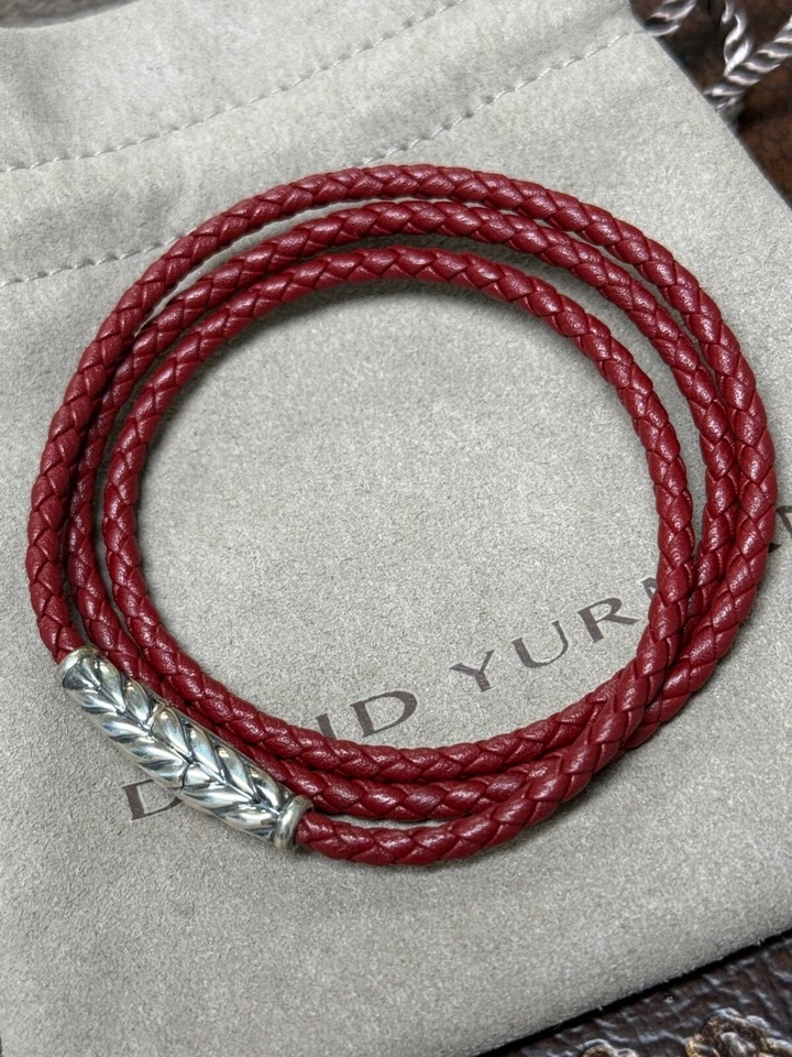 Brazalete David Yurman de plata esterlina .925 Chevron triple envoltura de cuero rojo S Foto 3 de 3