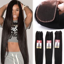 Swiss 4*4Lace Closure with 3Bundles Weft Brazilian Virgin Human Hair Weave THICK