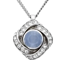 Silver Plated Center blue Cat eye Gem Necklace with white crystal By Controse