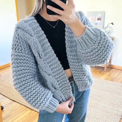 Mr. Mittens 100% Wool Cable Knit Chunky Open Balloon Sleeve Cardigan Sweater