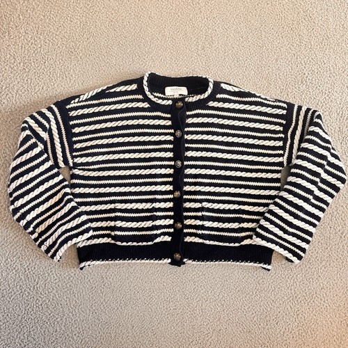 La Ligne Gabrielle Braided Stripe Cardigan Sz XL 100% Wool Navy Nautical - Picture 14 of 23
