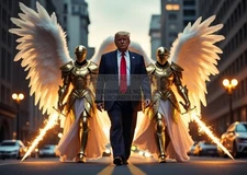 PRESIDENT DONALD TRUMP WITH GUARDIAN ANGELS FIERY SWORDS 5X7 AI PHOTO