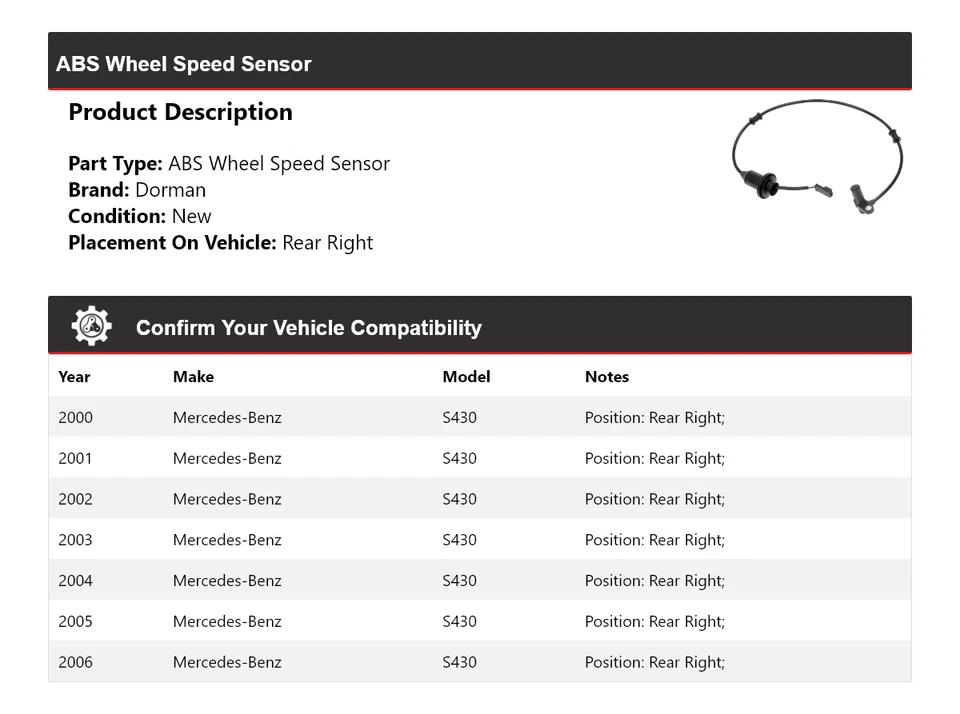 Sensor de velocidad de rueda trasero derecho 2001 para Mercedes-Benz S430 Dorman 2000-2006 ABS Foto 2 de 4