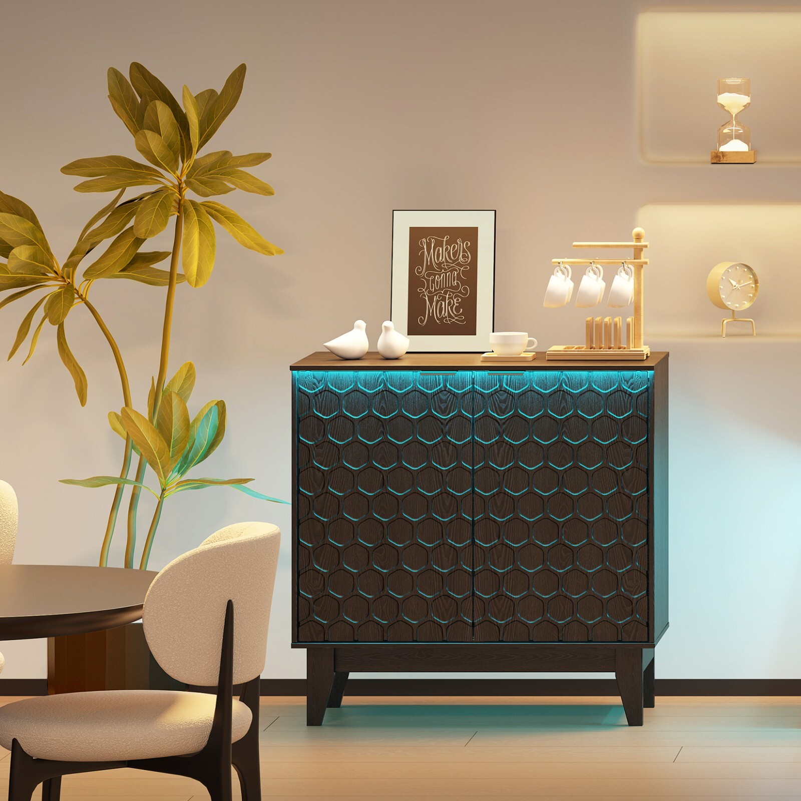 Black 2-Door Kitchen Sideboard Buffet Cabinet with LED Lighting