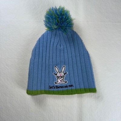 Vintage It's Happy Bunny Jim Benton Blue Green Pom Pom Beanie Hat Y2K Sarcastic