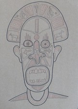 Maschera tribale ritratto espressivo disegno con inchiostro su carta marrone A3
