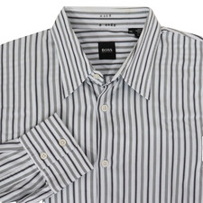 Hugo Boss Men XL Stripe Button Front Dress Shirt Blue Gray Long Sleeve Cotton