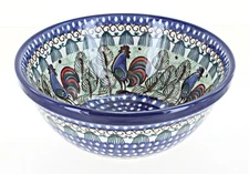 Blue Rose Polish Pottery Rooster Row Cereal/Soup Bowl
