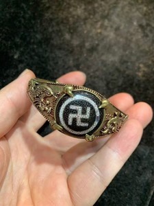 Hand Made Tibetan Brass Inlay Agate Dzi *Buddhist Swastika* Bead Bangle Bracelet