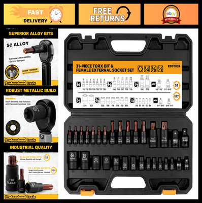 31-Piece Torx Bit Socket Set - 14 Star Bits T8-T70 & 13 E-Torx Sockets E4-E24, C
