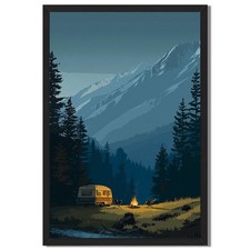 Mountain Camping Scene Framed Canvas Print Vintage Wall Art Nature Adventure