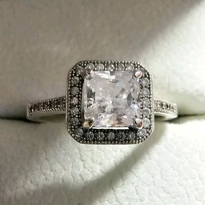 925 Sterling Silver Halo Engagement Ring Size 7 Square White Moissanite