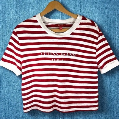 GUESS JEAN A$AP ROCKY Y2K 90s Red White Stripe Crop  Short Sleeve Shirt Size  XS