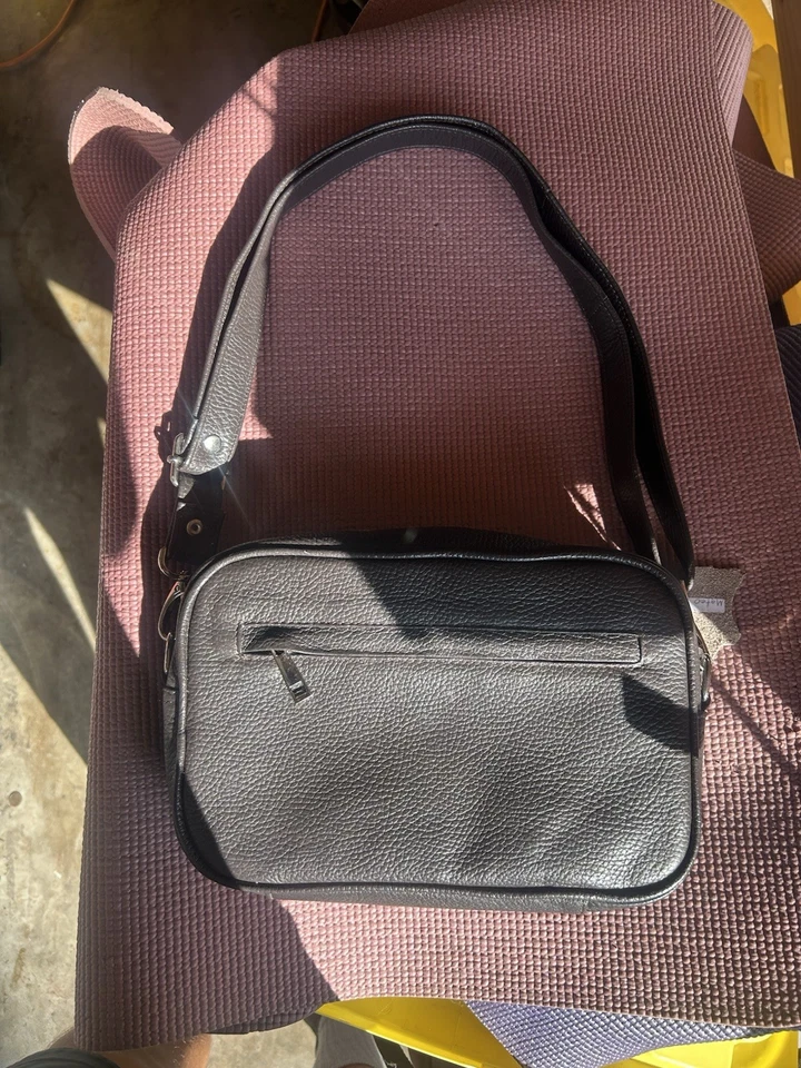 black faux leather crossbody bag with a crocodile-embossed pattern on the front. - Image 2 of 3