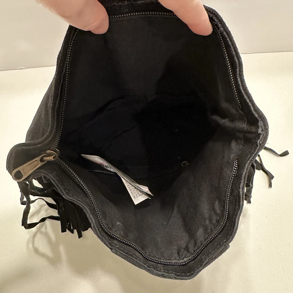 Bolso sin asas plegable con flecos de cuero gamuza negro cartera boho-chic vaquera occidental Foto 4 de 4