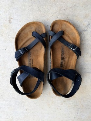 BIRKENSTOCK 38 Sandals YARA Habana Black  100% Oiled Leather Ankle Strap