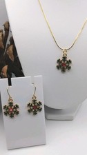 Christmas Winter Necklace Set earrings snowflake Rhinestones Red Green Handmade